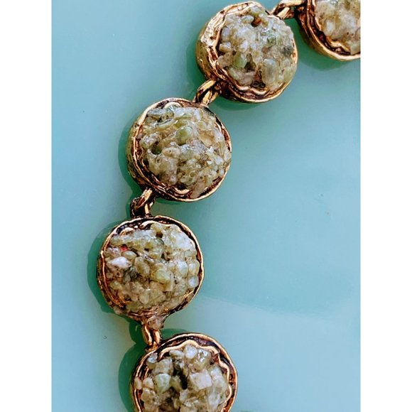 Vintage Green pebble stone Link bracelet Gold tone - Picture 2 of 10